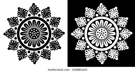 Mandala design concept of Flower petals, circles and leaves - Indian Traditional and Cultural Rangoli, Alpona, Kolam or Paisley vector line art with black and white background