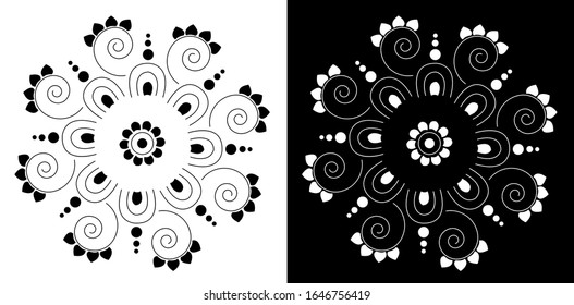 Mandala design concept of flower petals, circles and spirals is in black and white background