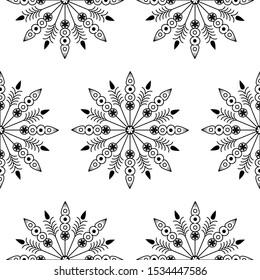Mandala Design concept of Flowers, Circles, curves and buds - Indian Traditional and Cultural Rangoli, Alpona, Kolam or Paisley vector line art is in Seamless Pattern