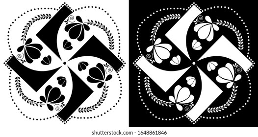 Mandala Design Konzept geometrischer Formen, Blumen, Kreise und Blätter ist auf schwarz-weißem Hintergrund