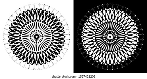Mandala design concept of Petals, Lines and Circles - Indian Traditional and Cultural Rangoli, Alpona, Kolam or Paisley vector line art with black and white background