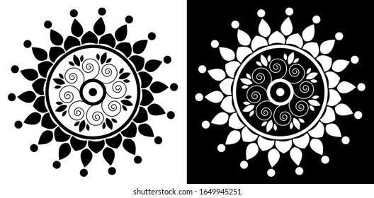 Mandala design concept of Rangoli with circles, spirals, flower petals and leaves is in black and white background
