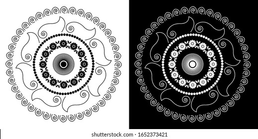 Mandala Design-Konzept von Rangoli mit Koncherschalen, Spiralen, Blütenblättern und Blättern ist auf schwarz-weißem Hintergrund