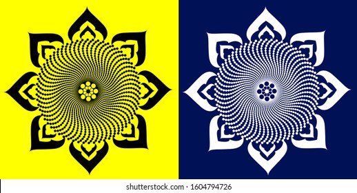 Mandala design concept of Rangoli with dots, lines and flowers is in Yellow and Phantom Blue background