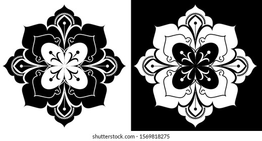 Mandala design concept of Rangoli with flower petals and spirals is in Black and white background