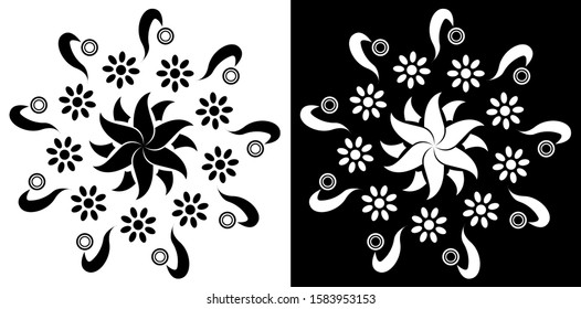 Mandala design concept of Rangoli with flower petals and circles is in Black and white background