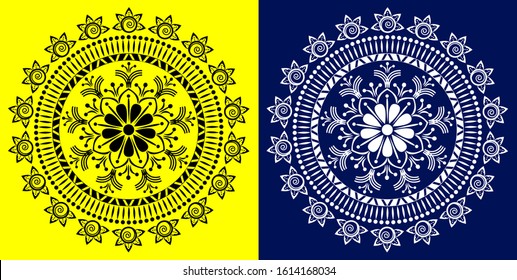 Mandala design concept of Rangoli, flower petals, circles, spirals and leaves is in yellow and phantom blue background