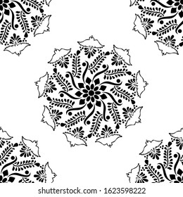 Mandala Design concept of Rangoli with flower petals, leaves, spirals and birds is in Seamless pattern