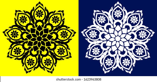 Mandala design concept of Rangoli with flower petals, leaves and objects is in yellow and phantom blue background