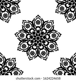 Mandala design concept of Rangoli with flower petals, leaves and objects is in Seamless pattern