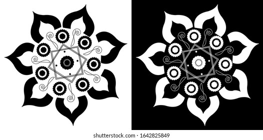 Mandala design concept of Rangoli with flower petals, circles and spirals is in black and white background