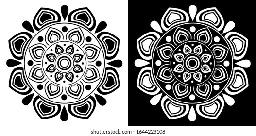 Mandala design concept of Rangoli with flower petals, circles and leaves is in black and white background