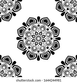 El concepto de diseño de Mandala de Rangoli con pétalos de flores, círculos y hojas está en un patrón sin brillo