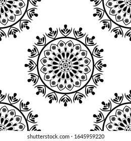 Mandala design concept of Rangoli with flower petals, circles, human symbols is in Seamless pattern