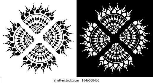 Mandala design concept of Rangoli with flower petals and leaves is in black and white background