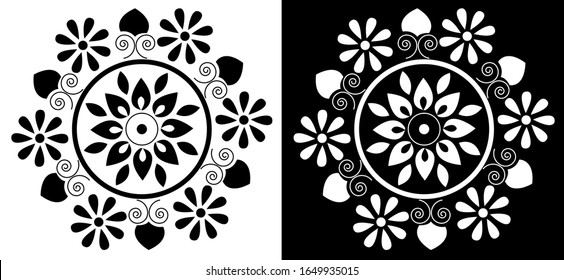 Mandala design concept of Rangoli with Flower petals, Spirals, Circles and leaves is in black and white background