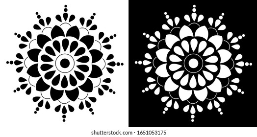 Mandala design concept of Rangoli with flower petals, circles and Leaves is in black and white background