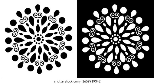 Mandala Design-Konzept von Rangoli mit Blütenblättern, Blättern und Kreisen ist auf schwarz-weißem Hintergrund