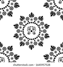 Mandala design concept of Rangoli with foot prints, Circles, Flower petals and leaves is in Seamless pattern