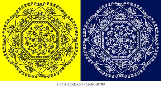 Mandala design concept of Rangoli with hexagon, flowers, leaves and spirals is in yellow and phantom blue background