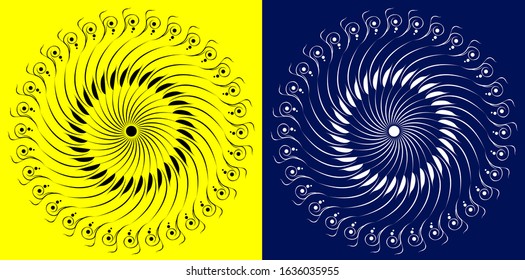 Mandala design concept of rangoli with leaves and spirals is in yellow and phantom blue background