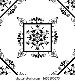 Mandala design concept of Rangoli with square, star shape, circles, flower petals, spirals and leaves is in Seamless pattern