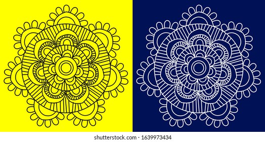 Mandala design concept of vector line art with circles, flower petals and curves is in yellow and phantom blue background