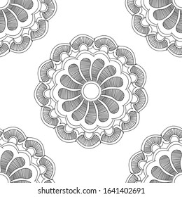 Mandala design concept of vector line art with rangoli, flower petals and circles is in Seamless pattern