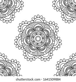 Mandala design concept of vector line art with circles, flower petals and curves is in Seamless pattern