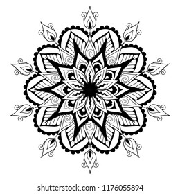 Mandala design for design element and coloring book page for anti stress. Vector illustration