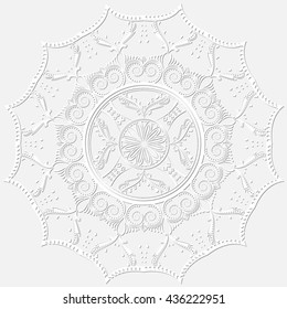 Mandala design element. Decorative abstract light background, wedding invitation, greeting card design, relief pattern. Beautiful luxury postcard, ornate page cover, ornamental vector illustration.