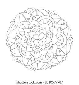 Mandala Design-Element. Symmetrisches, blumengeschmücktes Rundschmuck. Abstrakter doodler Hintergrund. Gut für Karten, Einladungen, Party, Tasche, T-Shirt, Marketingmaterialien. Farbseite. Vektorgrafik