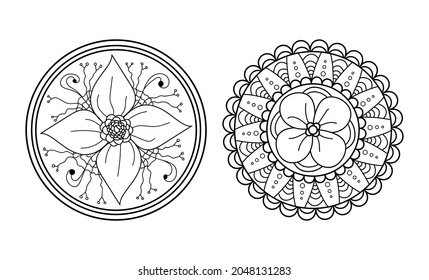 Mandala design element. Symmetric round ornament. Abstract doodle background. Good for cards, invitations, party, bag, t-shirt, marketing materials. Coloring page. Vector illustration