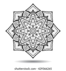 Mandala design element. Symmetric round zentangle. Abstract doodle background. Good for cards, invitations, party, bag, t-shirt, marketing materials. Coloring round ornament. Vector illustration