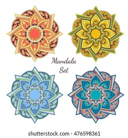 Mandala design elements collection. Symmetric round zentangle set. Abstract doodle background. Good for cards, invitations, party, bag, t-shirt, marketing materials. Vector illustration