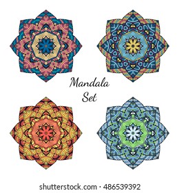 Mandala design elements collection. Symmetric round zentangle set. Abstract doodle background. Good for cards, invitations, party, bag, t-shirt, marketing materials. Vector illustration