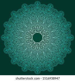 Mandala Design With Elements Of Life, Earth, Growth And Plants. Very Detailed Mandala In Green Gradient On Hunter Green Background. Leaves, Stones, Earth Mandala.