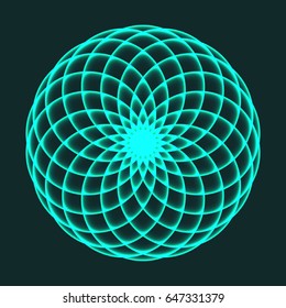 Mandala design. Flower of Life. Sacred Geometry. Pattern of rotating circles. Mathematical symbol. Balance and harmony. Neon blue circles. Vector illustration.
