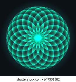 Mandala design. Flower of Life. Sacred Geometry. Pattern of rotating circles. Mathematical symbol. Balance and harmony. Neon blue circles. Vector illustration.
