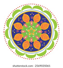 Mandala design in green, blue, and orange with intricate floral elements in the middle