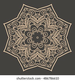 Mandala design hand drawn oriental elements beige on grey background. Template for your designs. vector illustration.