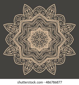 Mandala design hand drawn oriental elements beige on grey background. Template for your designs. vector illustration.