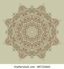 Mandala design hand drawn oriental elements beige on grey background. Template for your designs. vector illustration.