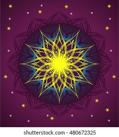 Mandala for design invitation card yoga class, spa salon, indian music caver. 
