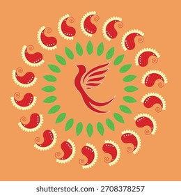Diseño de mandala con kolki y pájaro y hojas que da un ambiente de Pohela Boishakh