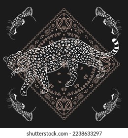 mandala design with a leopard isolated on black.paisley design fir textile industry. 