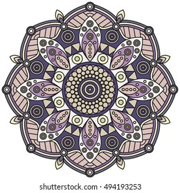 Mandala design in pastel shades of purple, pink, light grayish orange, yellow & white. 