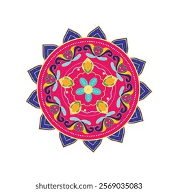 Mandala design in pink, green, blue, and orange with intricate floral elements in the middle