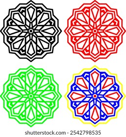 mandala Design, Imagen PNG. Colorido conjunto de mandala geométrico con vibrantes patrones. Mandala decorativo de inspiración islámica en rojo, verde y azul. Diseño geométrico ornamental con Colores atrevidos.