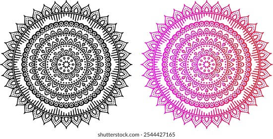 Mandala Design, Imagen PNG. Diseño colorido del mandala del degradado con el fondo negro. Arte de mandala rosa y rojo sobre fondo negro. Patrón de mandala ornamental con Colores degradados.